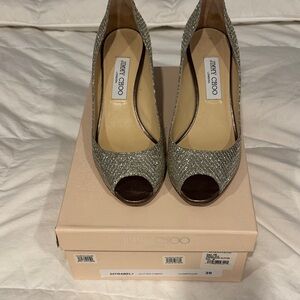 Jimmy Choo Gold Glitter Peep-Toe Heels